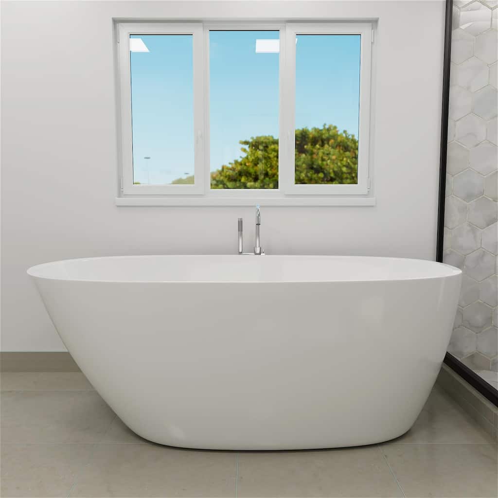 59'' x 30''Freestanding Acrylic Bathtub Modern Stand Soaking Tub with Polished Chrome Round Overflow & Pop-up Drain