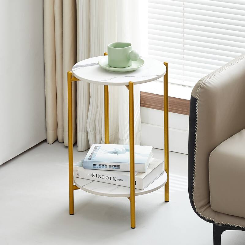 2-layer End Table with Whole Marble Tabletop, Round Coffee Table with Golden Metal Frame