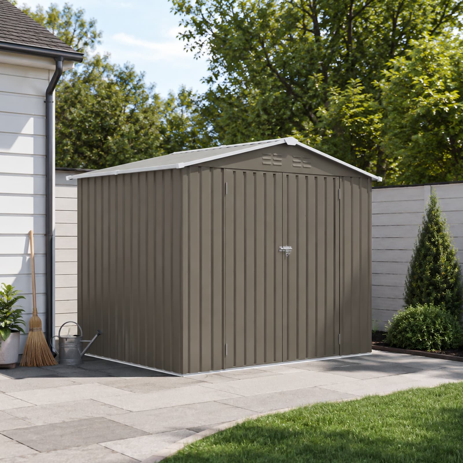 8*6 FTOutdoor Metal Storage Shed, Galvanized Steel Panel Tool House with Lockable Double Door & Built-in Vents(7.84*5.71 FT)