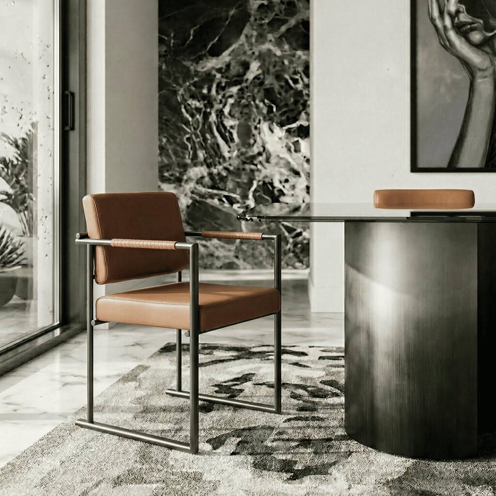 Modrest Atlan Modern Camel Vegan Leather & Dark Gold Dining Chair