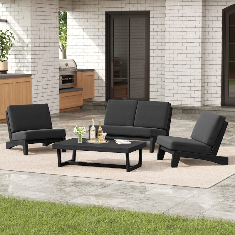 4 Set Outdoor Patio Teak Wood Club Chairs Loveseat with Cushion - Dark Grey - BlackFrame