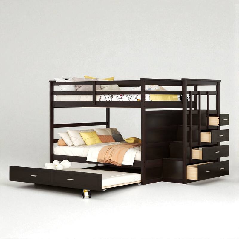 Twin Over Twin Bunk Bed with Trundle and Storage Drawers, Staircase Bunk Frame for Kids and Teens - Espresso - Full