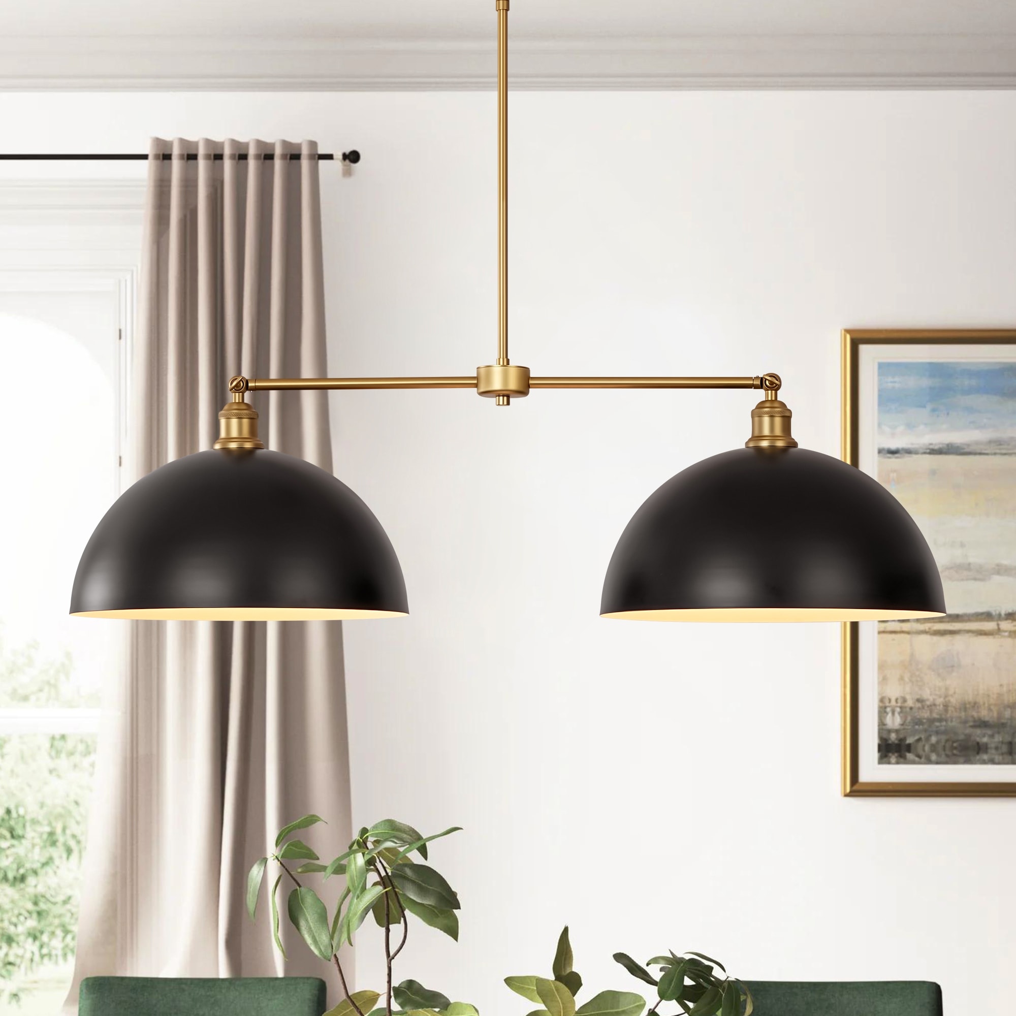 2 Light Modern Black Industrial Linear Dome Pendant Light for Kitchen Island 38.5 in. W x 11.4 in. H x 14.9 in. D