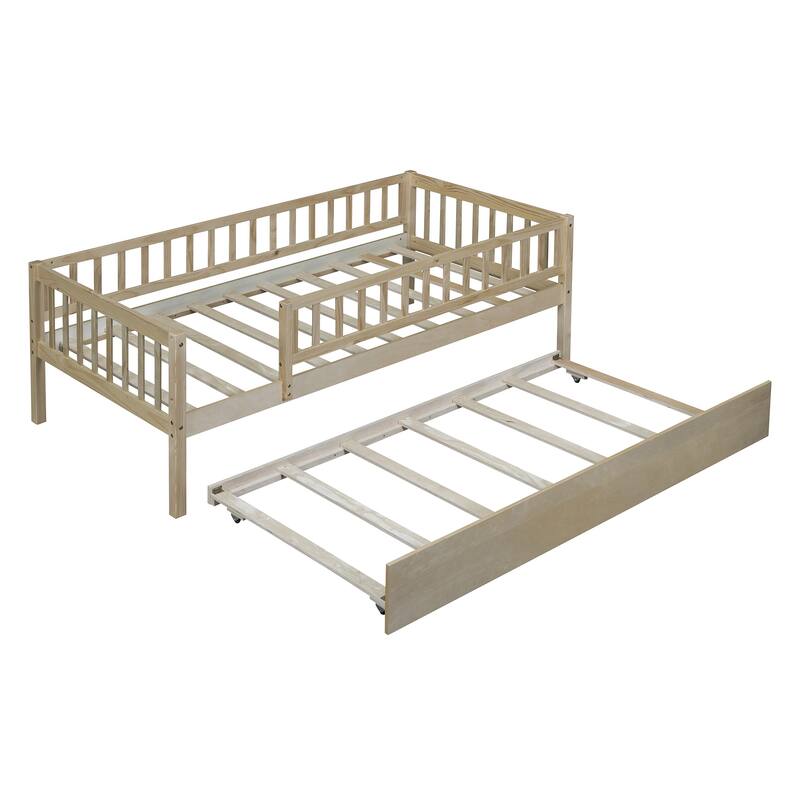 Twin Size Wood Daybed with Trundle and Safety Guardrails, Natural Finish
