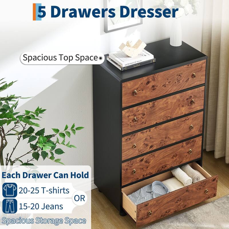 5 Drawers Dresser, Modern Chest of Drawers with Vintage Circle Handle and Curved Profile Design