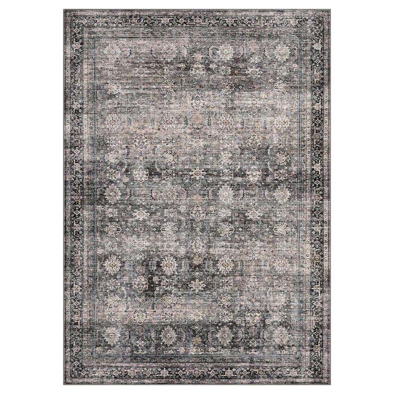 Area Rug Vintage Washable Floral Distressed Living Room Rugs, Soft Low Pile Non-Slip Rugs for Bedroom