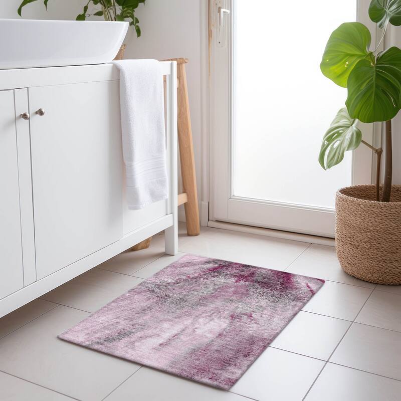 Machine Washable Indoor/ Outdoor Abstract Watercolor Chantille Rug - Pink - 1'8" x 2'6"