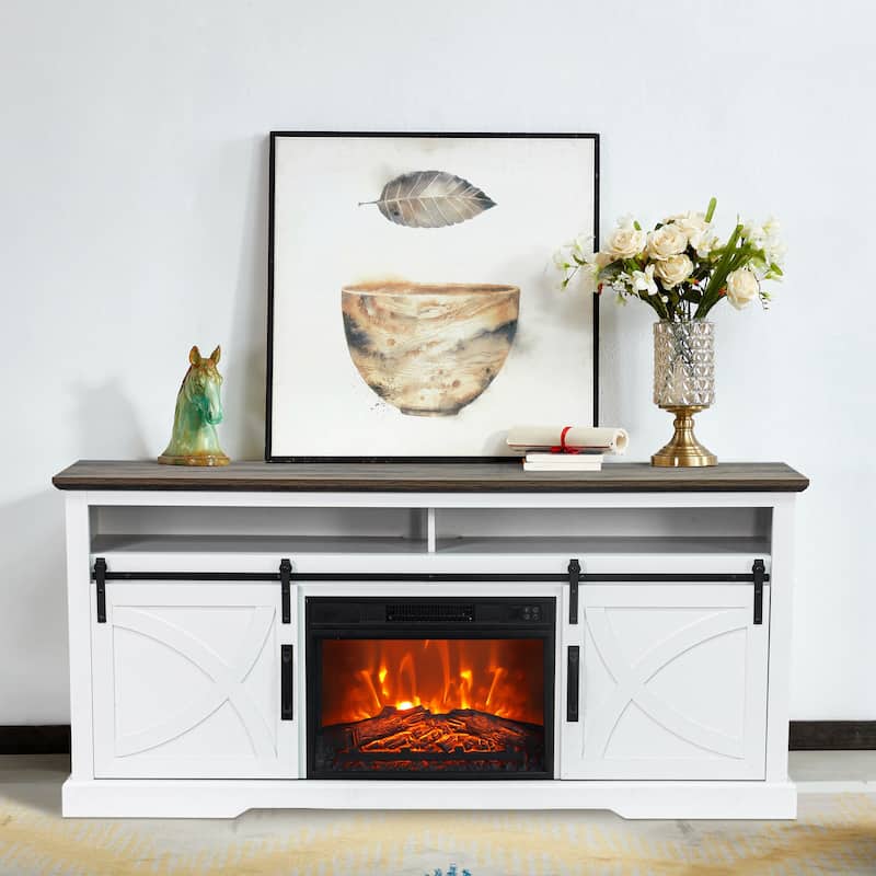 68" Farmhouse Sliding Barn Door Fireplace TV Stands Console Table with 23" Electric Fireplace