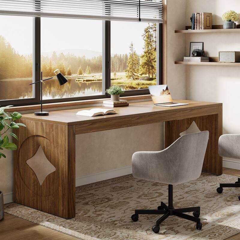 Extra Long 2 Person Computer Desk with Diamond-Cut Base - Walnut