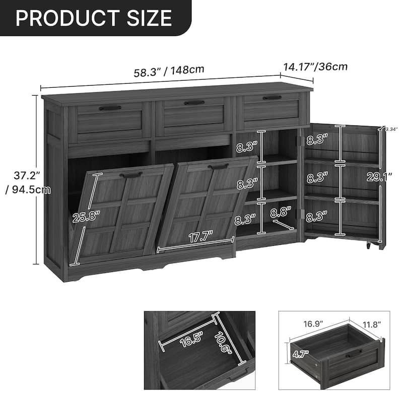 Moasis 58.3" Wide Kitchen Island With Double Tilt Out Trash Can Cabinet