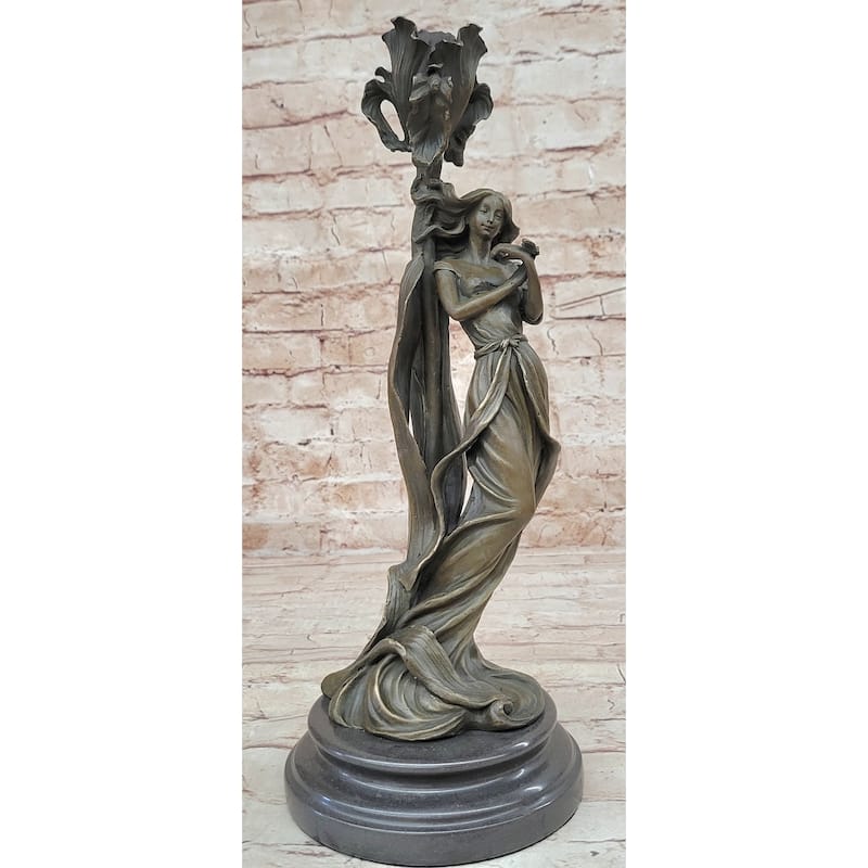 Art Nouveau Real Bronze Romantic Lady Candle Holder Figurine Signed Milo