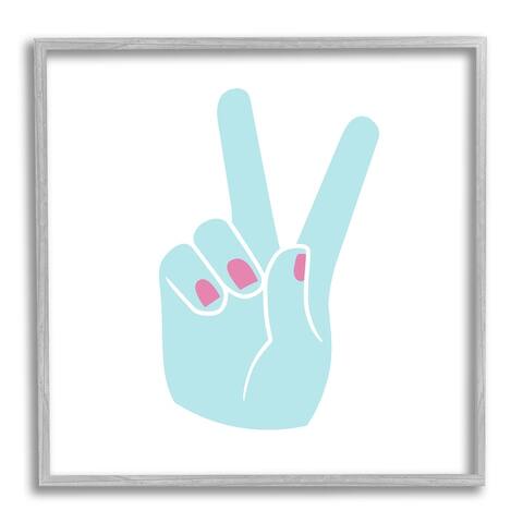 'Peace Hand - Teal with Pink Nail Polish' Framed Giclee Texturized Art - Blue