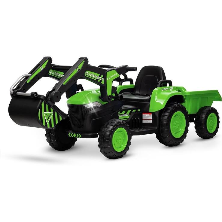 12V Kids 3 in 1 Ride on Excavator & Tractor with Detachable Trailer - Green