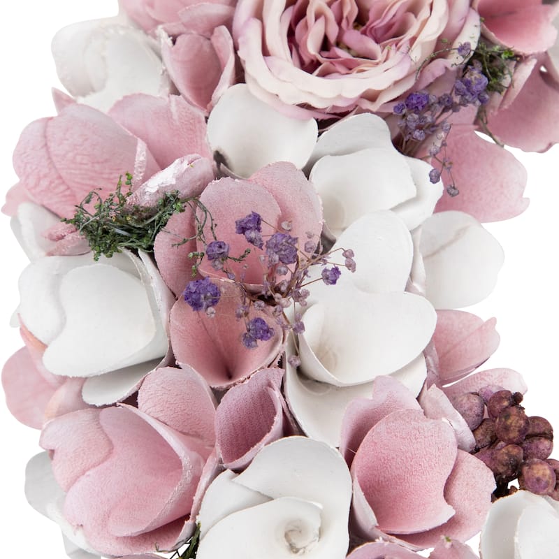 Wooden Floral Artificial Spring Wreath with Berries - 13.5" - Pink and White