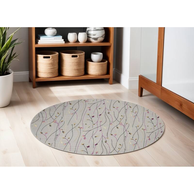 Lixi Power Loomed Geometric Floral Area Rug By HomeRoots - 63' X '63' X '0.5 - 63' X '63' X '0.5 - Gray and Pink - Round