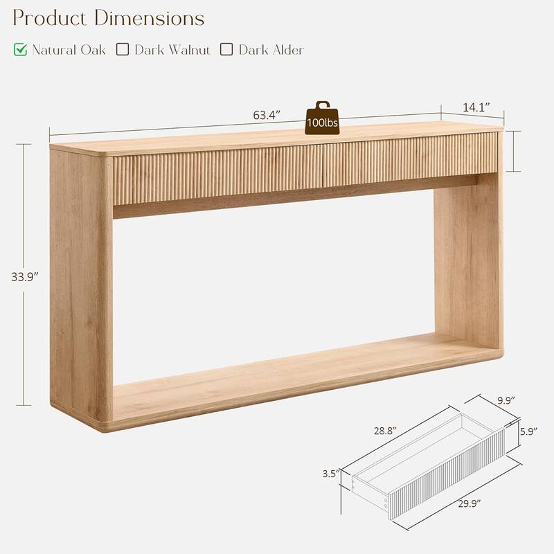 63" Modern Fluted 2 Drawers Entryway Table, Console Table, Sofa Table