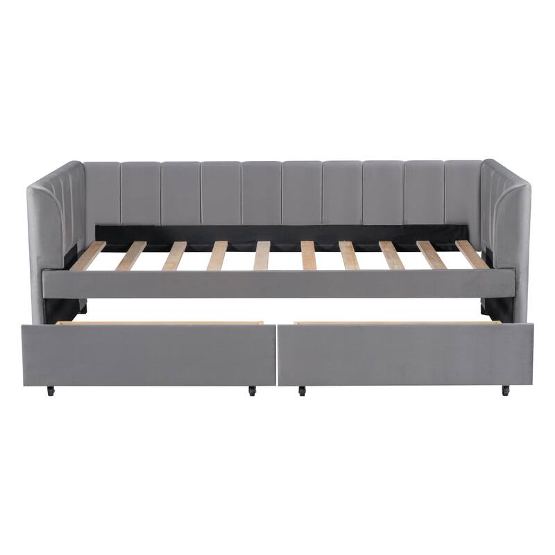 Twin Size Upholstered Daybed with Ergonomic Design Backrest and 2 Drawers - Grey