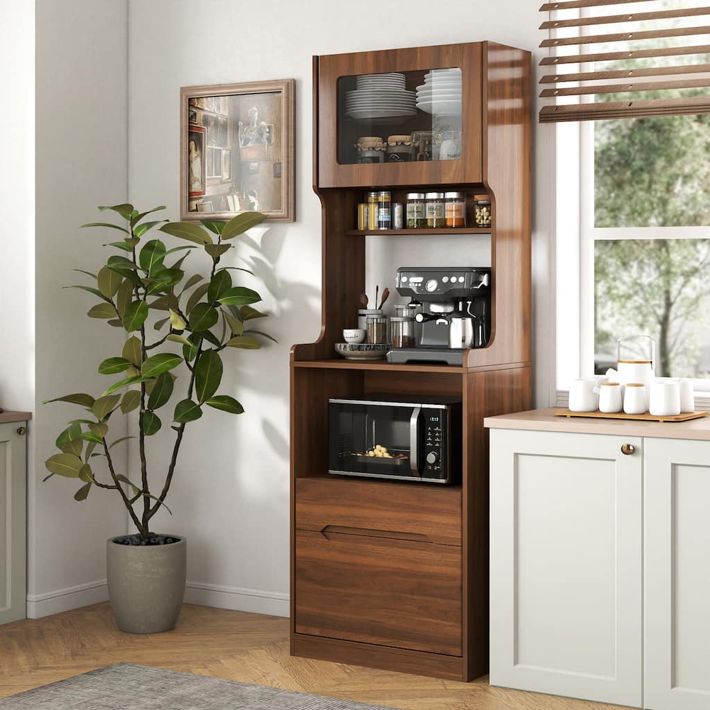 Roomfitters Kitchen Pantry Cabinet Modern Walnut Bakers Rack with Lift Up Glass Door Microwave Coffee Bar Hutch, Walnut