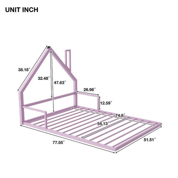 Pink Full Size Metal Floor Bed with House-shaped Headboard