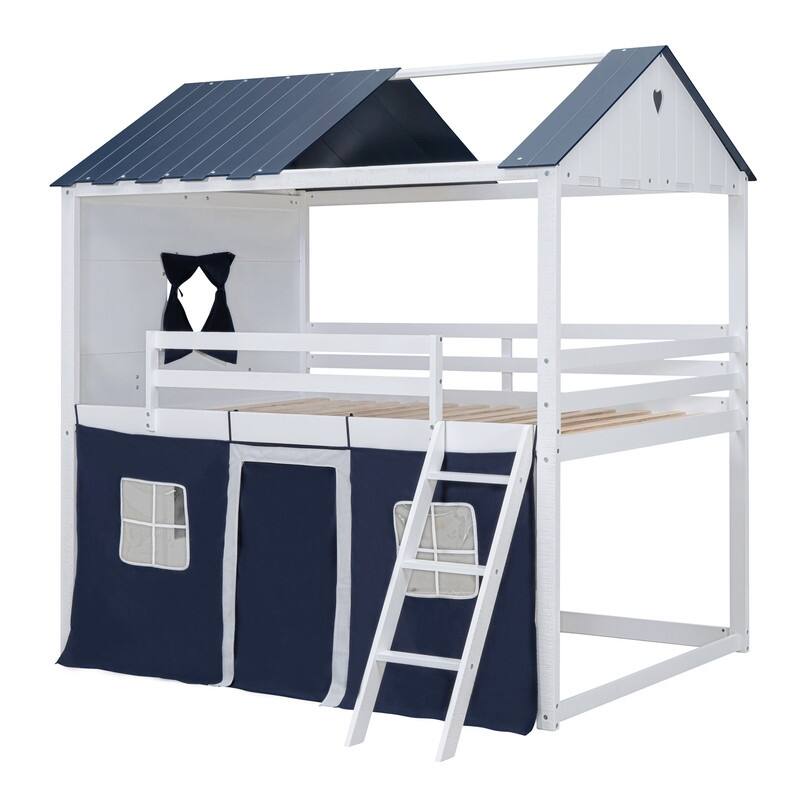 Twin Size Wood House Bed Bunk Bed with Windows, Sills and Tent
