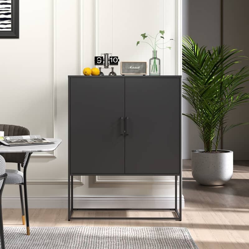 Modern Steel Storage Cabinet,Heavy Duty Buffet Sideboard with Adjustable Shelves - Black