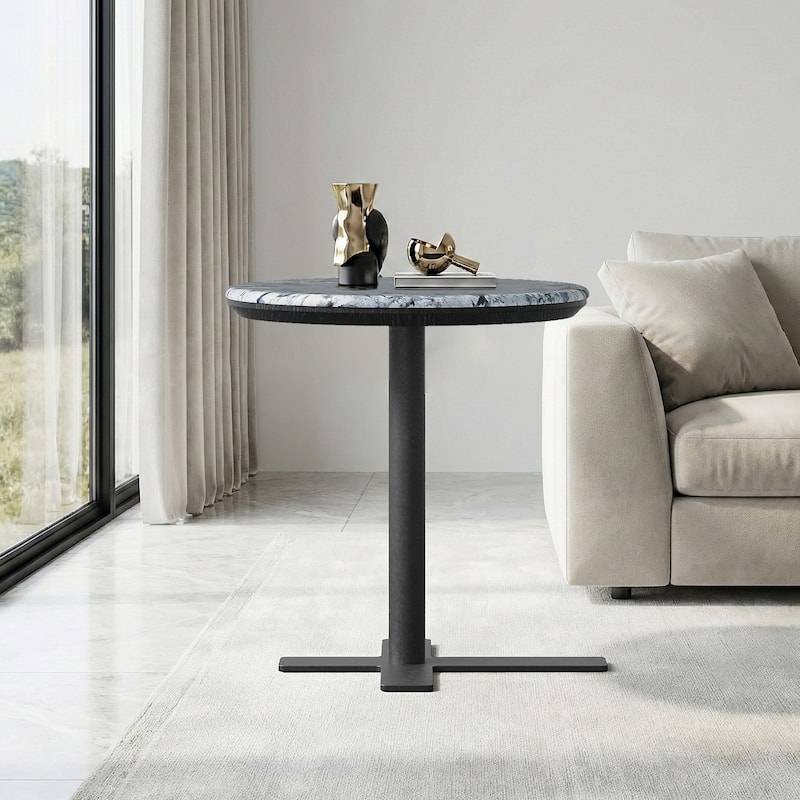Modern Round Accent Side Table - Natural Crystal Stone Tabletop with Black Metal X-Base
