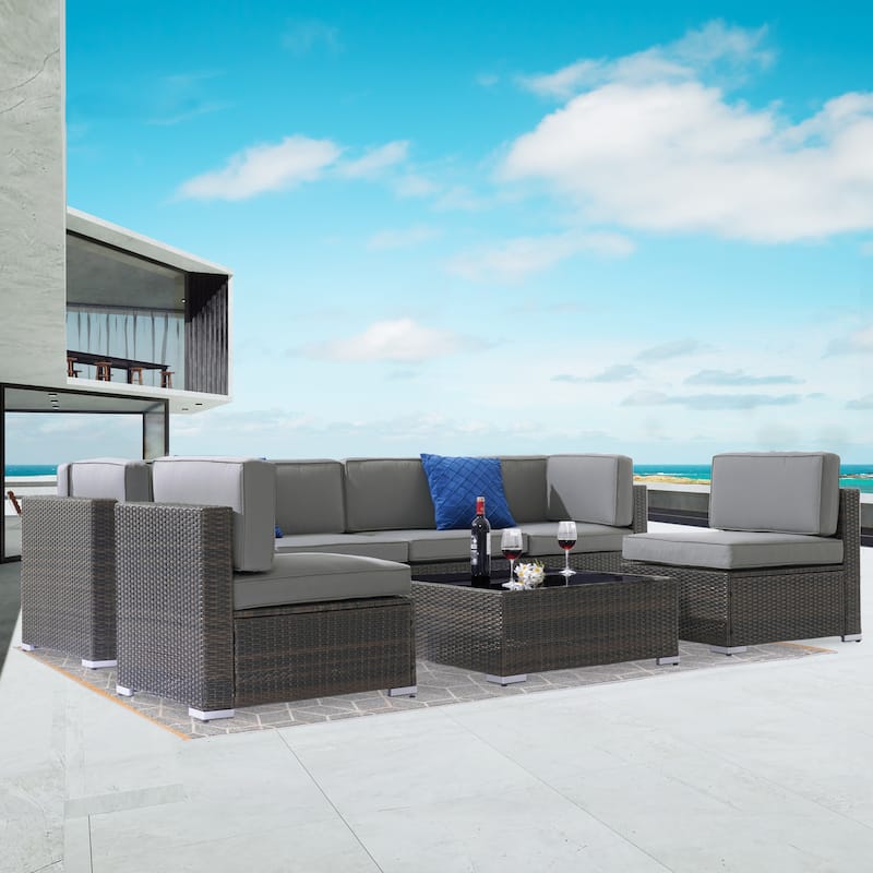 BONASUKI Patio Furniture Set,7-Piece Outdoor Rattan Sectional Sets - Brown/Grey