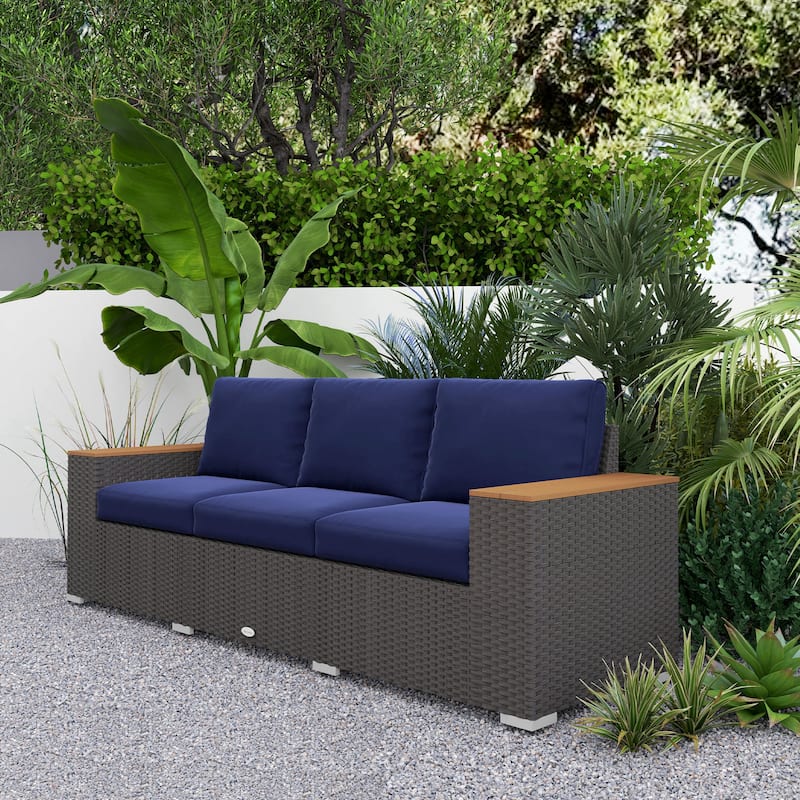 Outsunny 3-Seat Patio Sofa with Cushions, PE Rattan Outdoor Couch with Wood Grain Wide Armrests for Porch