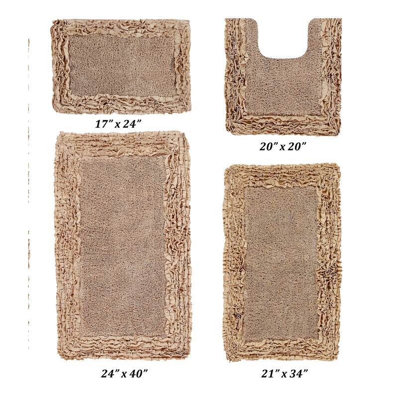 Better Trends Shaggy Border Collection Bathroom Rug -100% Cotton Tufted, Non-Skid Spray Latex Backing, Machine Washable Bath Mat - 4 Piece Set 17"x24" | 20"x20" | 21"x34" | 24"x40" - Beige