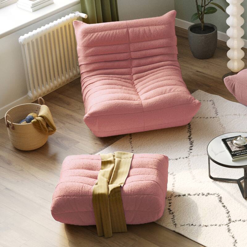 Teddy Fabric Soft Single Sofa with Ottoman - Pink