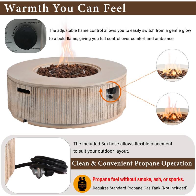 38.19" Propane Outdoor Fire Pit with Vertical Stripe Design, 50000 BTU Round Fire Pit Table with Steel Burner, Flame Control