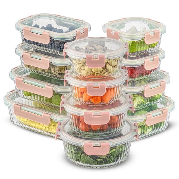 JoyJolt 24-Piece Fluted Glass Food Storage Container Set with Lids - 13.5 oz. 20.5 oz. 32 oz. 5.2 in. 5.9 in. 6.75 in. - Pink