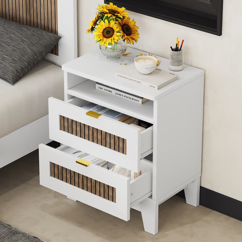 2-Drawer Farmhouse Wooden Nightstand with Wooden Strip Stickers Decoration & Metal Handle, Wood Side Table with Storage Cabinet
