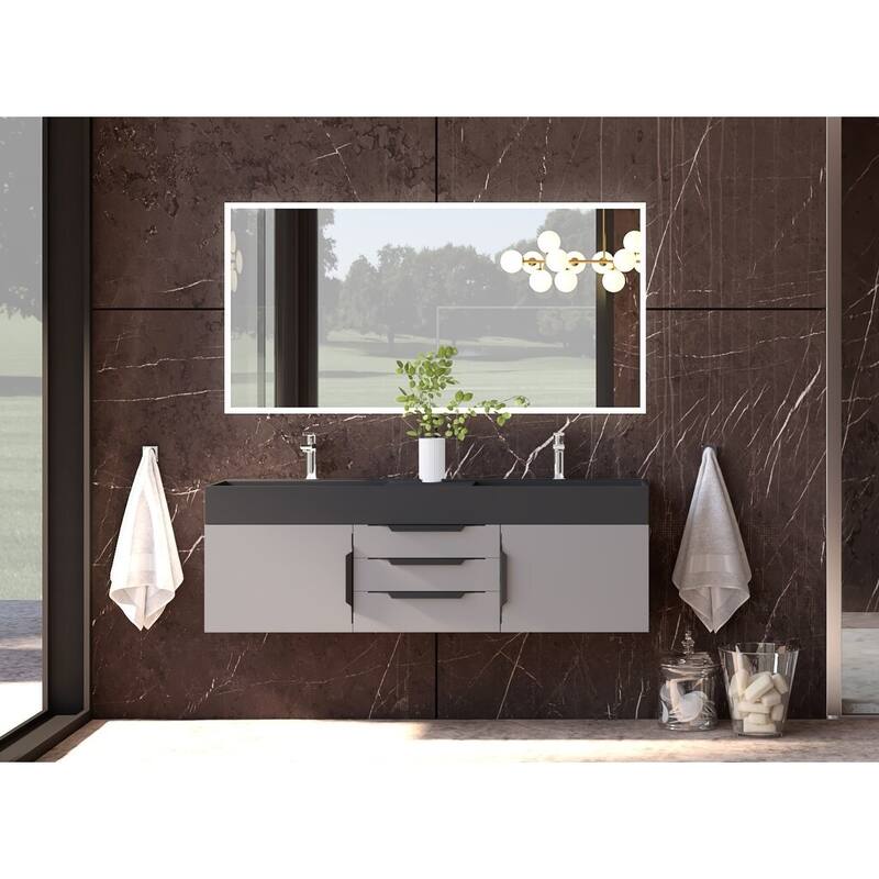 Amazon 60" Wall Mounted Bathroom Vanity Set w/ Black Top