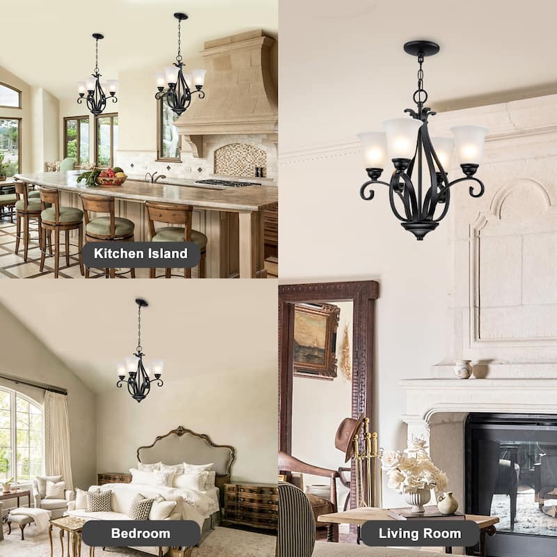 Matte Black 4-Light Candelabra Chandelier with Bell Glass Shades - Dia.8.39-in
