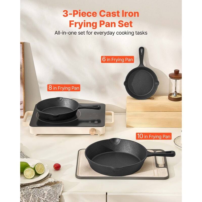 3 Piece Black Cast Iron Skillet Frying Pan Set with Ergonomic Handle for Stovetop and Oven Cooking