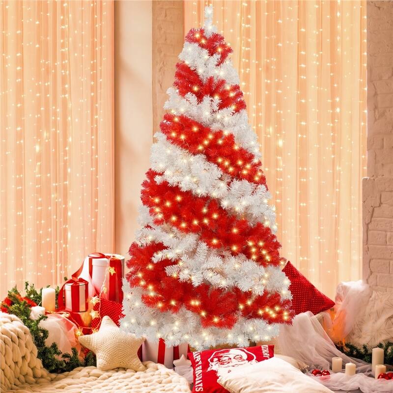 6FT Hinged Fir Artificial Candy Cane Christmas Tree with LED Lights and Bendable Branches