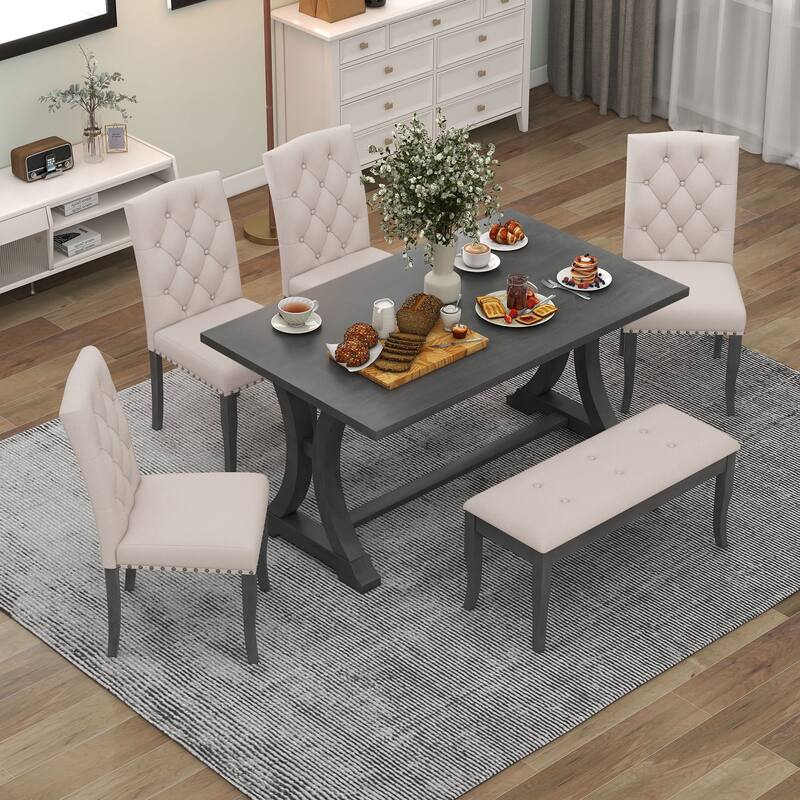 6 Piece Dining Table Chair Set, Wooden Kitchen Furniture Set with Rectangular Table, 4 Upholstered Chairs and Bench