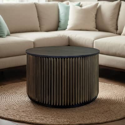 Groove Coffee Table - Vintage Brass Metal Base with Encircle Design, Round Solid Wood Drink Table