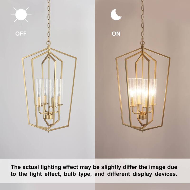 Modern Gold 4-Light Lantern Chandelier Geometric Glass Pendant Light Fixture for Kitchen Dining Room - 16.5"Dx27"H
