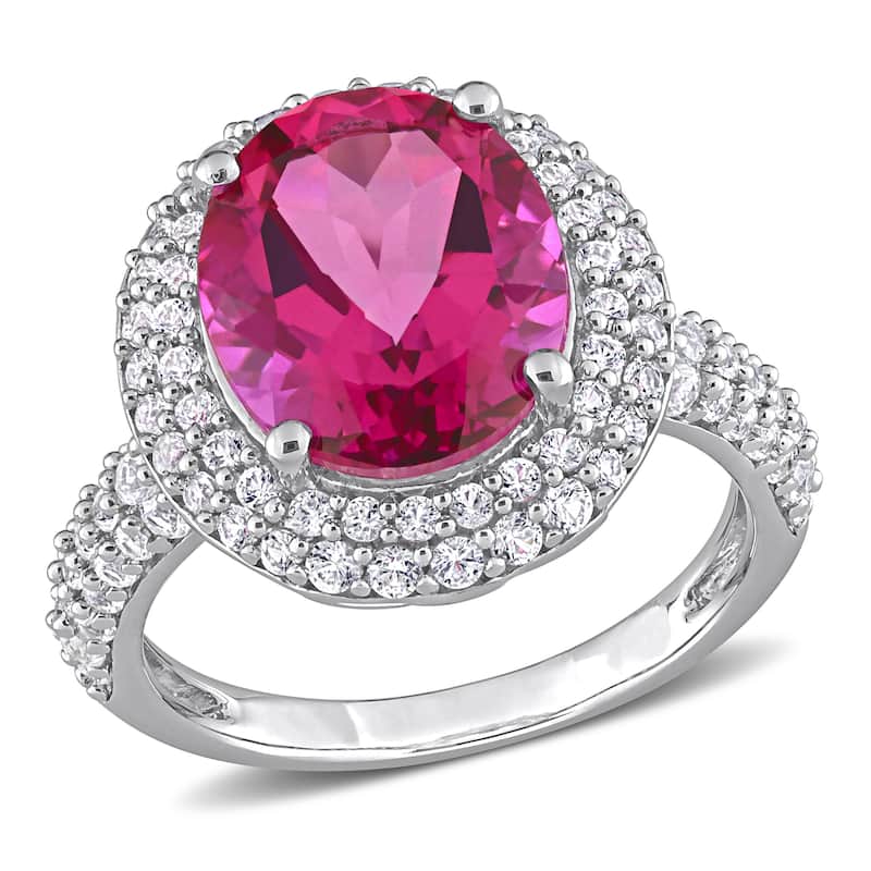 Miadora Oval-cut Pink Topaz and Created White Sapphire Double Halo Cocktail Ring in Sterling Silver
