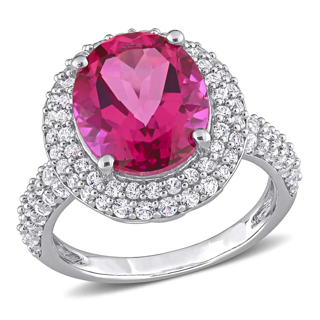 Miadora Oval-cut Pink Topaz and Created White Sapphire Double Halo Cocktail Ring in Sterling Silver