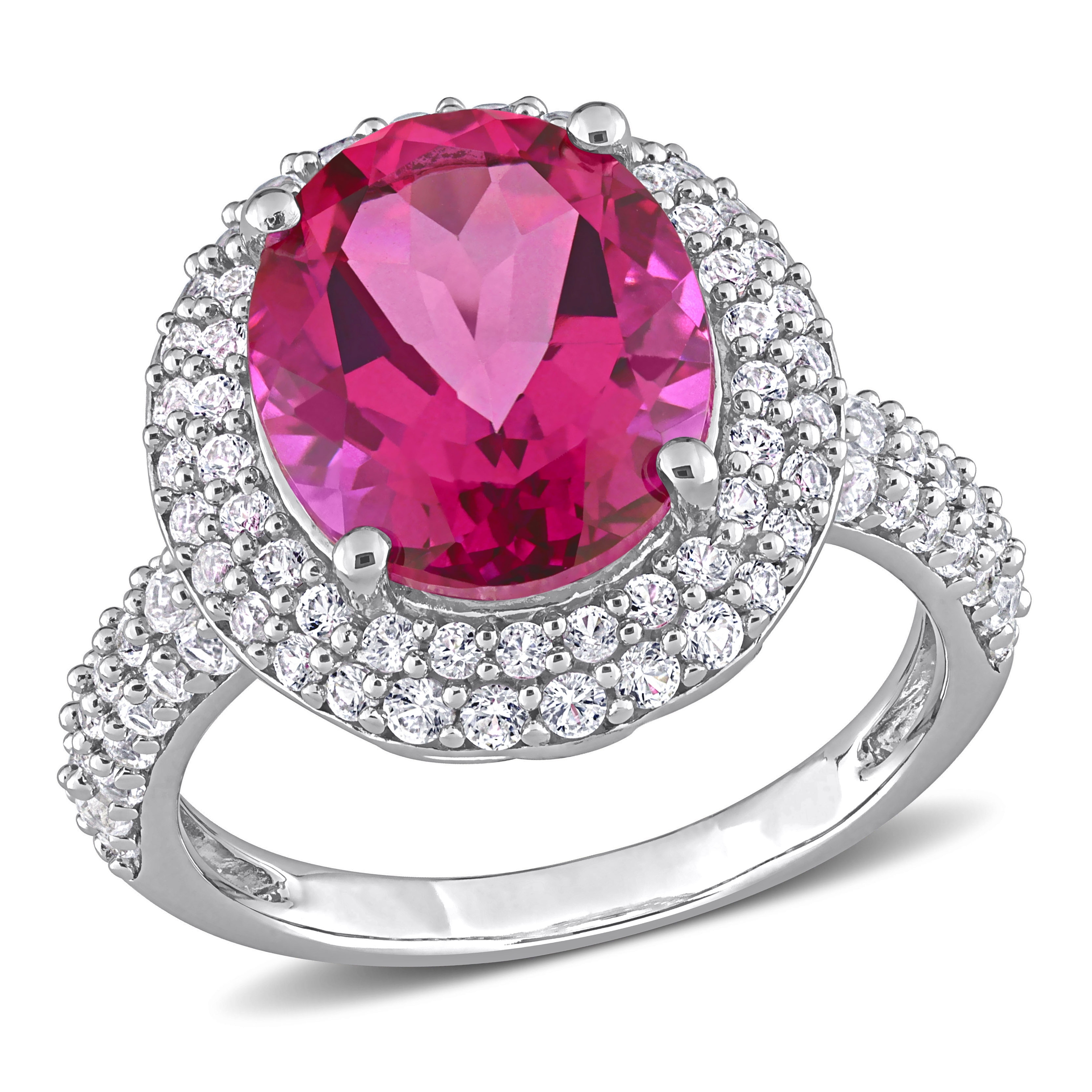 Miadora Oval-cut Pink Topaz and Created White Sapphire Double Halo Cocktail Ring in Sterling Silver