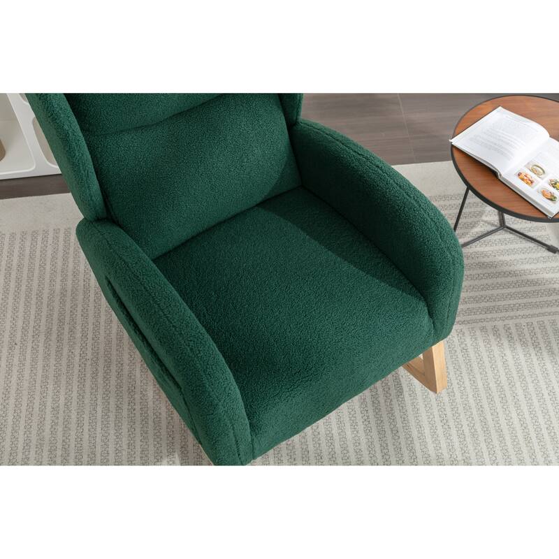 Comfortable Teddy Fabric Rocking Chair with Spacious Seat and Sturdy Wooden Legs, Ideal for Relaxing and Decorating Your Home.