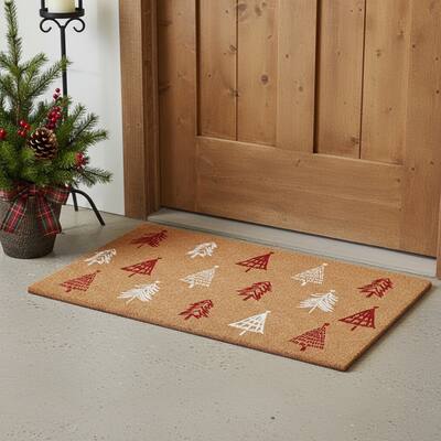 HomeRoots 24" X 36" Brown Red And White Christmas Trees Outdoor Coir Door Mat - 24.00' X '36.00