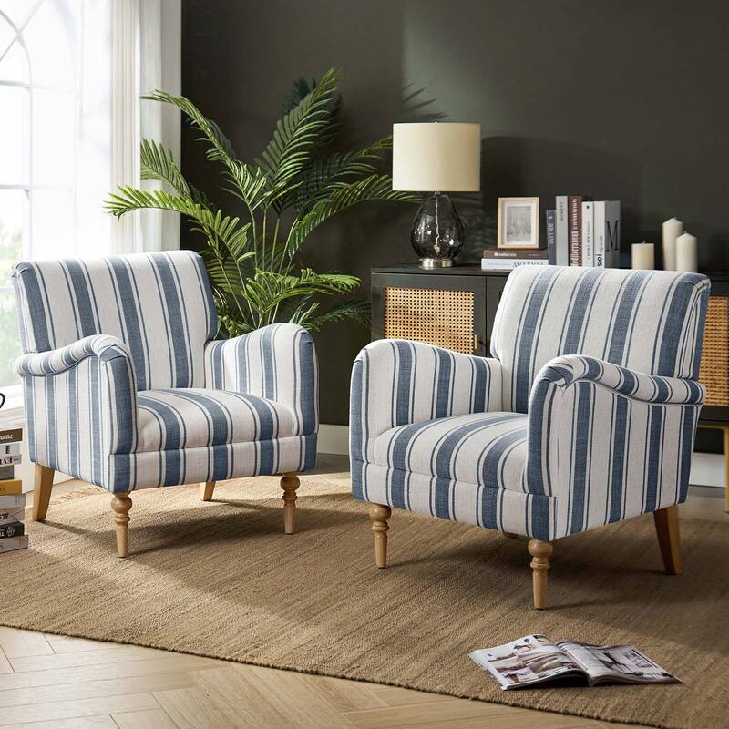 Seip Transitional Striped Arm Chair with Spindle Wood Legs Set of 2 by HULALA HOME - NAVY