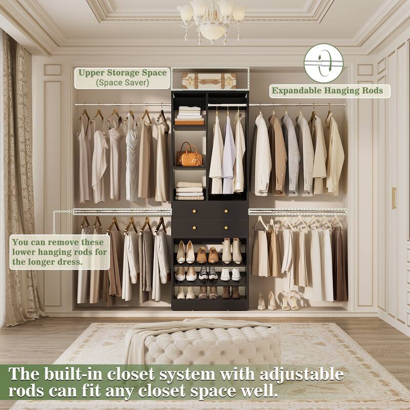 Closet Organizer with 5 Hanging Rods and 2 Drawers, Adjustable Closet System with Shelves and Shoe Rack