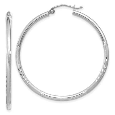 Curata 14k White Gold Satin and Sparkle Cut 36x2mm Round Hoop Earrings