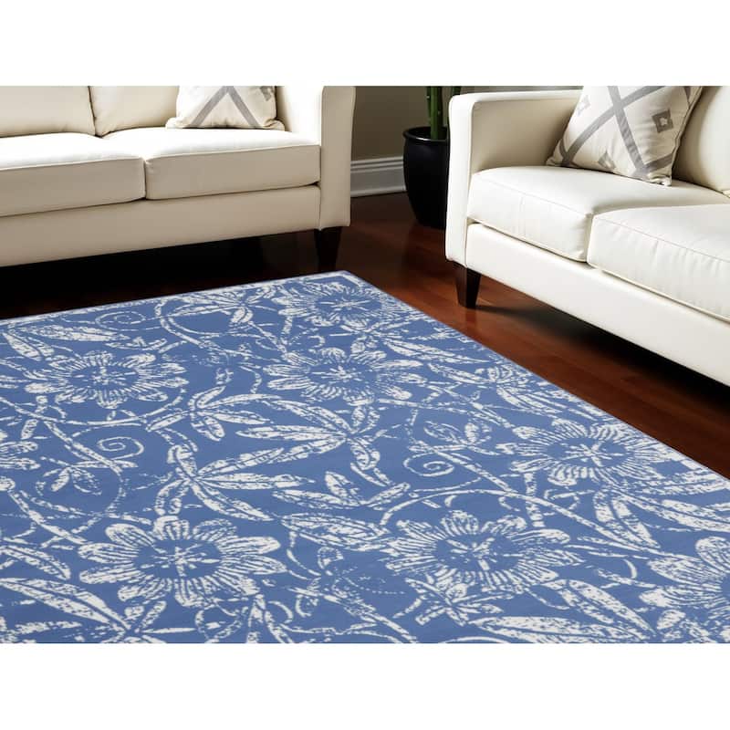 Juboc Power Loomed Distressed Floral Traditional Non Skid Stain Resistant Area Rug By HomeRoots - 120' X '84' X '0.39 - 120' X '84' X '0.39 - Oxford Blue - Rectangle