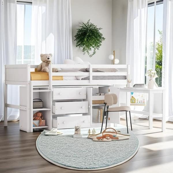 slide 2 of 26, Multi-Functional Twin Size Low Loft Bed With Pull-Out Desk, Drawers, Cabinet, and Shelves, Superior Quality, Space-saving, White White